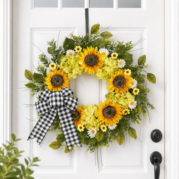 sunflower wreath, front door wreath, spring wreath, summer wreath, yellow wreath, farmhouse decor, floral wreath, porch decor, wall wreath, outdoor wreath, flower wreath, home decor, housewarming gift