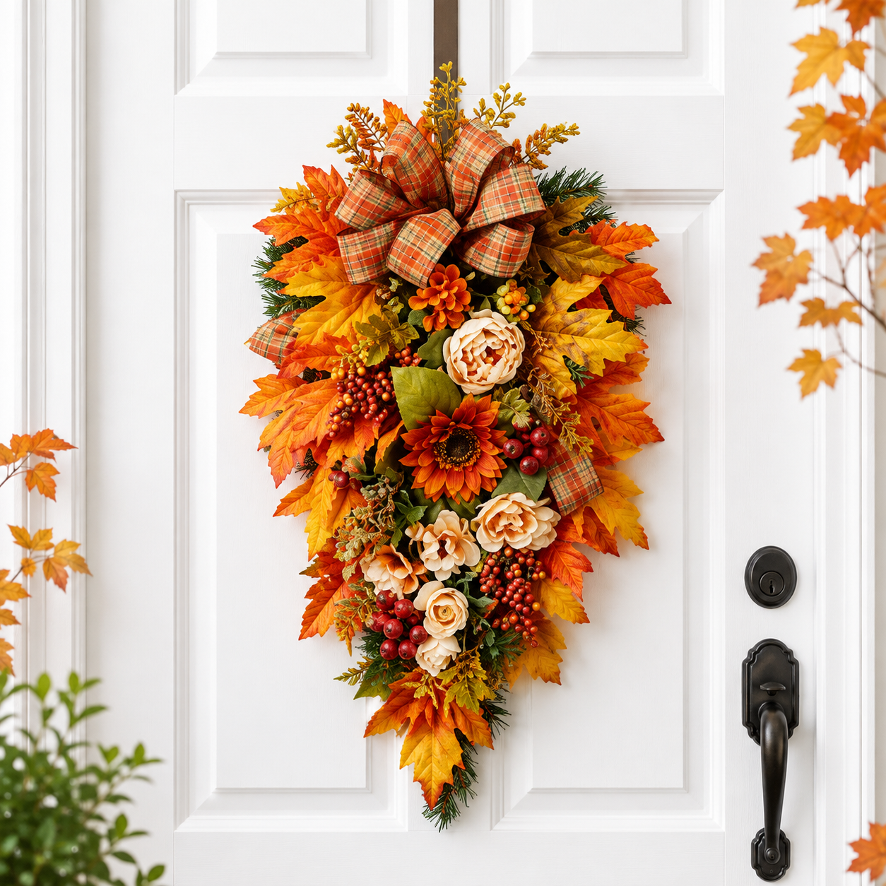 stairs decor, fall door swag, autumn door decor, fall swag, sunflower decor, thanksgiving wreath, fall door decor, harvest decor, plaid bow decor, farmhouse fall, autumn swag, front door decor, fall wall decor
