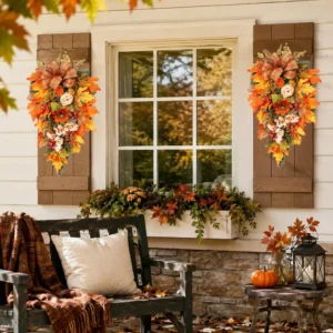 Door Swag | Fall Teardrop Garland with Sunflower & Peony | Plaid Bow Autumn Door Decor | Harvest Wall Hanging - Image 5