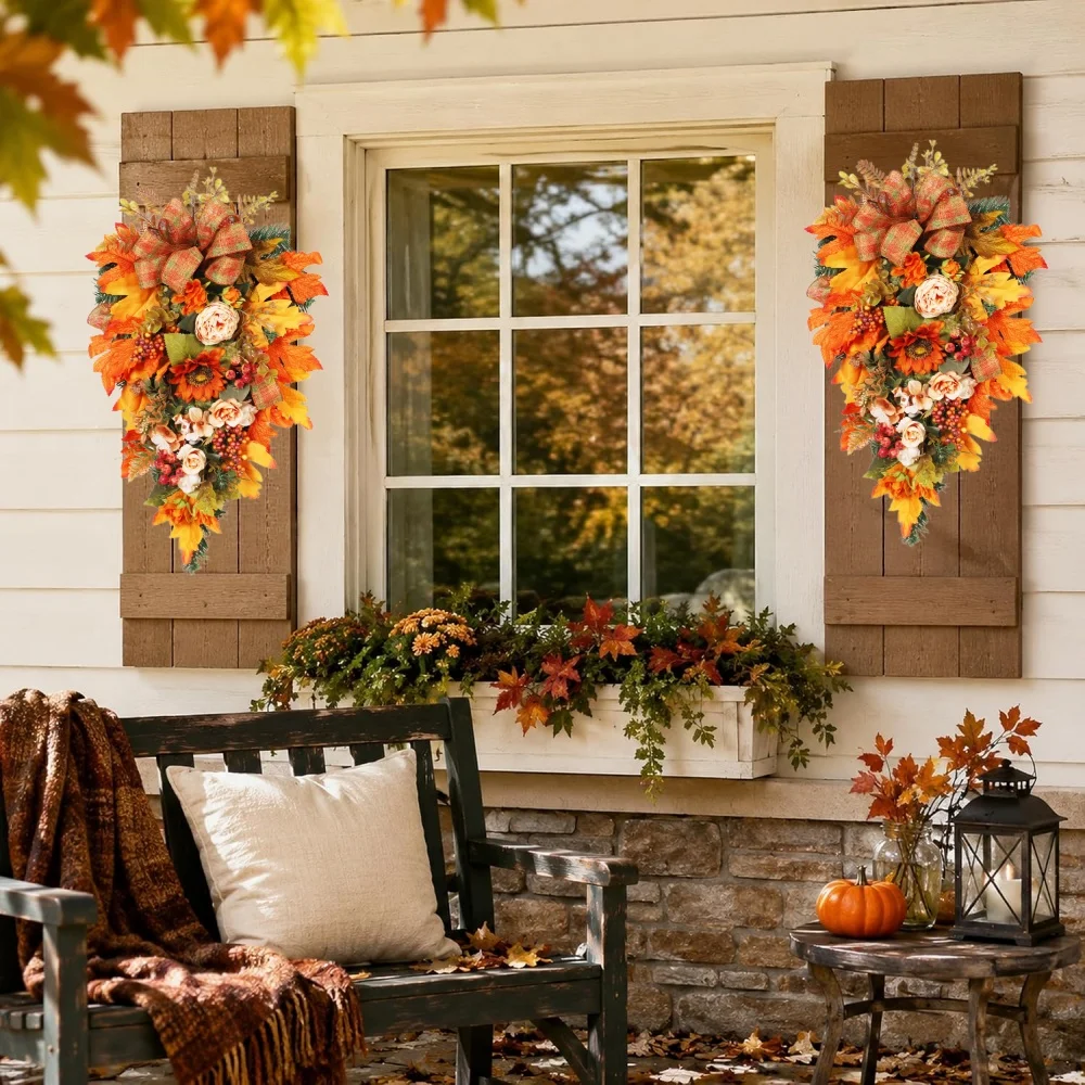 Door Swag | Fall Teardrop Garland with Sunflower & Peony | Plaid Bow Autumn Door Decor | Harvest Wall Hanging - Image 5