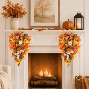 Door Swag | Fall Teardrop Garland with Sunflower & Peony | Plaid Bow Autumn Door Decor | Harvest Wall Hanging - Image 3