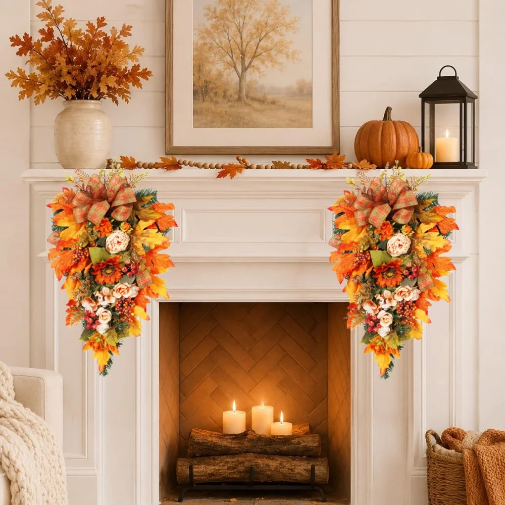 Door Swag | Fall Teardrop Garland with Sunflower & Peony | Plaid Bow Autumn Door Decor | Harvest Wall Hanging - Image 3
