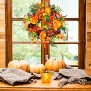 Fall Pumpkin Wreath for Front Door | Autumn Wreath with Pumpkins & Foliage | Thanksgiving Door Decor | Farmhouse Fall Home Decoration - Image 3