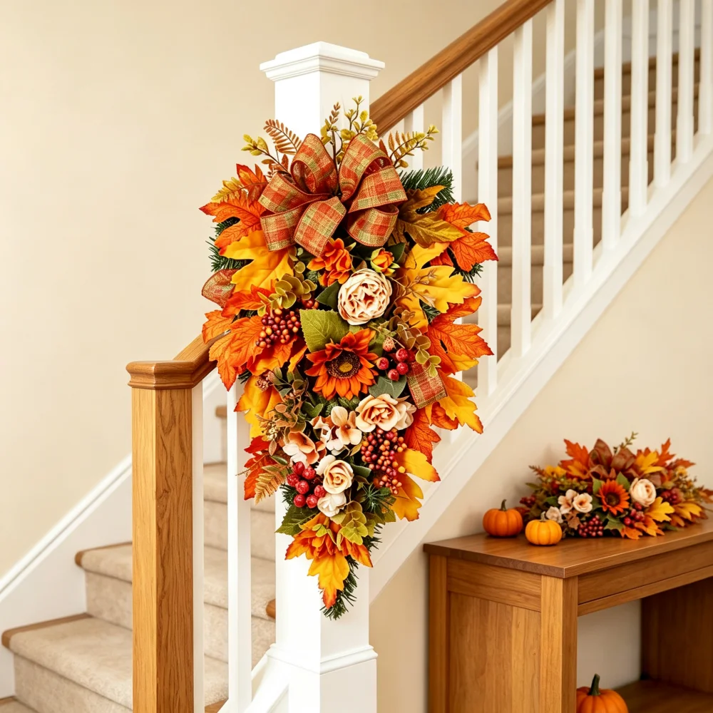 Door Swag | Fall Teardrop Garland with Sunflower & Peony | Plaid Bow Autumn Door Decor | Harvest Wall Hanging - Image 2