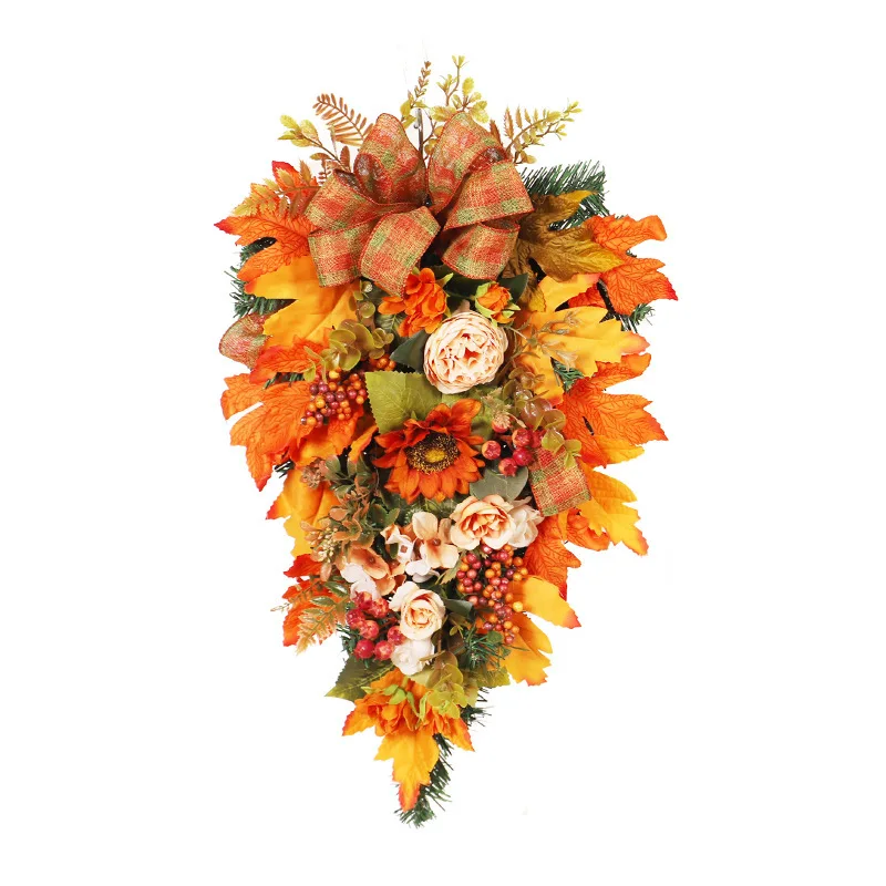 Door Swag | Fall Teardrop Garland with Sunflower & Peony | Plaid Bow Autumn Door Decor | Harvest Wall Hanging - Image 8