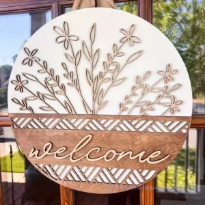 Alternative view of Welcome Door Sign Wooden Wreath | Farmhouse Front Door Decor | Round Wood Hanging Sign | Porch Decoration | Spring Summer Fall Home Decor