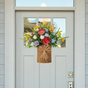 Flower Basket Wreath for Front Door | Artificial Spring Floral Door Hanger | Summer Flower Decor | Farmhouse Porch Wreath | Hanging Basket - Image 3