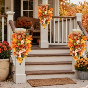 Door Swag | Fall Teardrop Garland with Sunflower & Peony | Plaid Bow Autumn Door Decor | Harvest Wall Hanging - Image 4