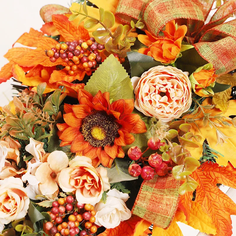 Door Swag | Fall Teardrop Garland with Sunflower & Peony | Plaid Bow Autumn Door Decor | Harvest Wall Hanging - Image 6