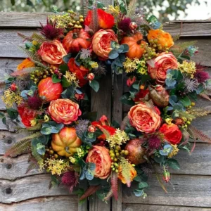 Fall Pumpkin Wreath for Front Door | Autumn Wreath with Pumpkins & Foliage | Thanksgiving Door Decor | Farmhouse Fall Home Decoration - Image 4
