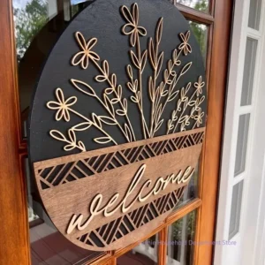 Welcome Door Sign Wooden Wreath | Farmhouse Front Door Decor | Round Wood Hanging Sign | Porch Decoration | Spring Summer Fall Home Decor - Image 4