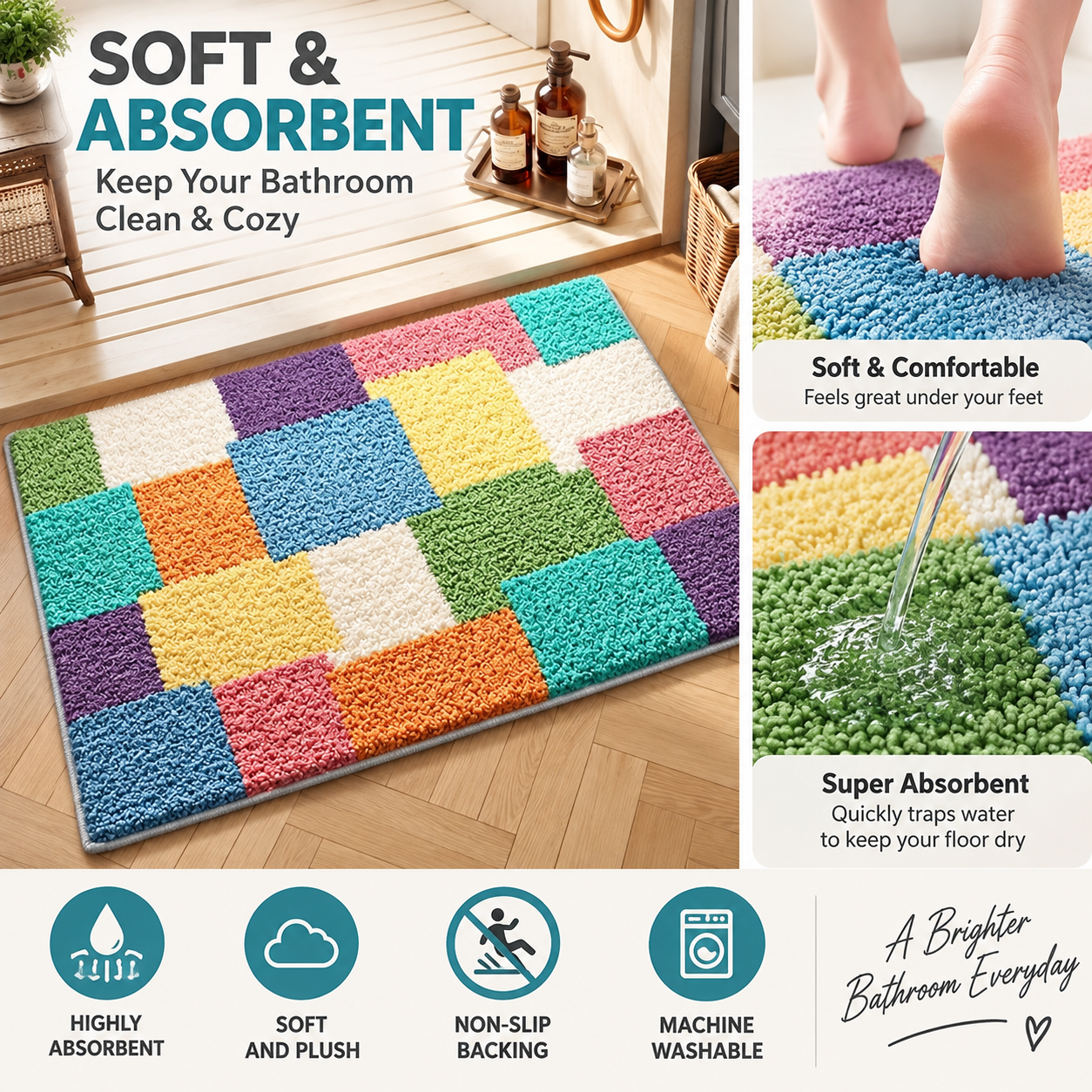 Plaid Bathroom Rug, Colorful Soft Bath Mat, Absorbent Non Slip Floor Mat