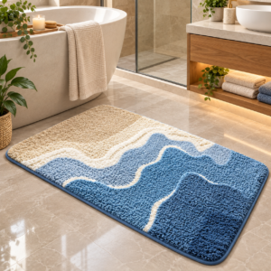 Wave Bathroom Rug, Absorbent Flocked Bath Mat, Non Slip Door Floor Mat