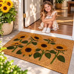 Sunflower Coir Look Doormat, Rustic Outdoor Door Mat, Heavy Duty Dirt Trapper, Farmhouse Front Porch Rug, Non Slip Entrance Mat, Floral Mat