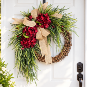 Burgundy Grapevine Wreath on White Door