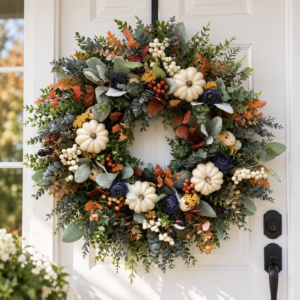 White Pumpkin Wreath, Fall Ranunculus Wreath, Autumn Front Door Decor, Farmhouse Pumpkin Wreath, Rustic Harvest Door Hanging, Fall Home Decor