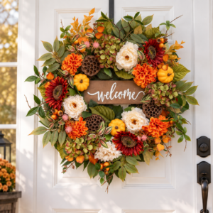 fall wreath, autumn wreath, welcome wreath, front door wreath, thanksgiving decor, fall door decor, harvest wreath, farmhouse wreath, rustic wreath, autumn decor, pumpkin wreath, fall home decor, entryway decor