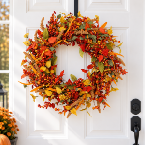 Maple Leaf Wreath, Autumn Berry Wreath, Orange Fall Door Decor, Harvest Wreath, Thanksgiving Home Decor, Rustic Wall Decoration