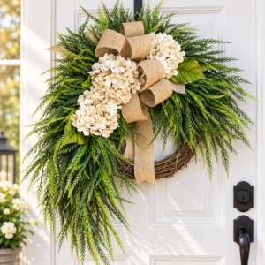 Artificial Hydrangea Wreath with Bow, Farmhouse Door Decor, Rustic Floral Wreath, Front Door Hanging, Rattan Circle Wreath, Home Wall Decor