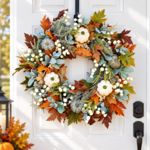autumn wreath, fall door wreath, pumpkin wreath, thanksgiving decor, fall home decor, harvest wreath, maple leaf wreath, farmhouse wreath, rustic fall decor, autumn door decor, berry wreath, fall wall decor, wreath
