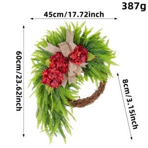 Artificial Hydrangea Wreath with Bow, Farmhouse Door Decor, Rustic Floral Wreath, Front Door Hanging, Rattan Circle Wreath, Home Wall Decor - Image 9