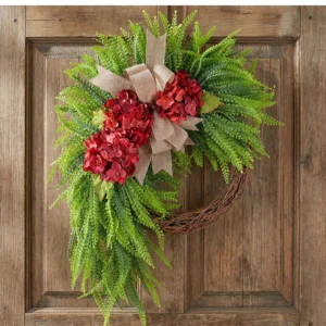Artificial Hydrangea Wreath with Bow, Farmhouse Door Decor, Rustic Floral Wreath, Front Door Hanging, Rattan Circle Wreath, Home Wall Decor - Image 12