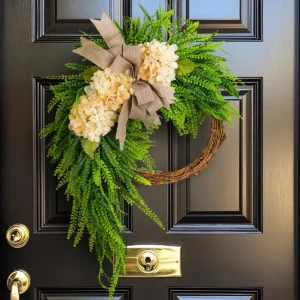 Alternative view of Artificial Hydrangea Wreath with Bow, Farmhouse Door Decor, Rustic Floral Wreath, Front Door Hanging, Rattan Circle Wreath, Home Wall Decor