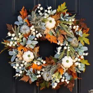 Alternative view of Autumn Pumpkin Wreath, Fall Door Wreath, Thanksgiving Wreath, Rustic Harvest Decor, Maple Leaf Berry Wreath, Farmhouse Front Door Decor