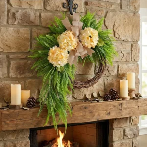 Artificial Hydrangea Wreath with Bow, Farmhouse Door Decor, Rustic Floral Wreath, Front Door Hanging, Rattan Circle Wreath, Home Wall Decor - Image 5