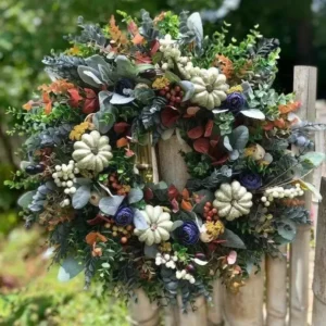 Alternative view of White Pumpkin Wreath, Fall Ranunculus Wreath, Autumn Front Door Decor, Farmhouse Pumpkin Wreath, Rustic Harvest Door Hanging, Fall Home Decor