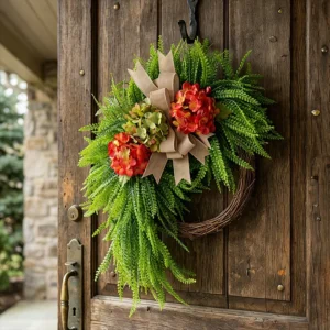 Artificial Hydrangea Wreath with Bow, Farmhouse Door Decor, Rustic Floral Wreath, Front Door Hanging, Rattan Circle Wreath, Home Wall Decor - Image 13