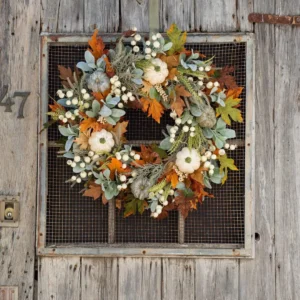 Autumn Pumpkin Wreath, Fall Door Wreath, Thanksgiving Wreath, Rustic Harvest Decor, Maple Leaf Berry Wreath, Farmhouse Front Door Decor - Image 3