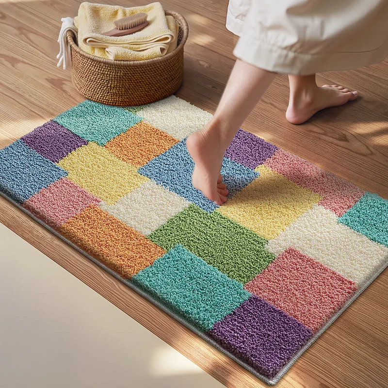 Plaid Bathroom Rug, Colorful Soft Bath Mat, Absorbent Non Slip Floor Mat