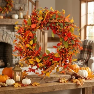 Maple Leaf Wreath, Autumn Berry Wreath, Orange Fall Door Decor, Harvest Wreath, Thanksgiving Home Decor, Rustic Wall Decoration - Image 6