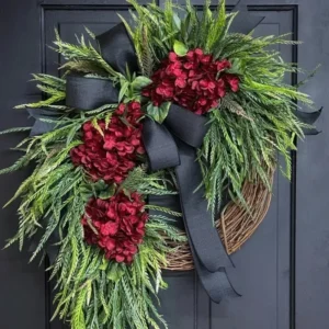Alternative view of Rustic Hydrangea Wreath, Farmhouse Floral Door Decor, Artificial Flower Wreath with Bow, Cottage Wall Hanging, Wedding Home Decor