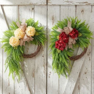 Artificial Hydrangea Wreath with Bow, Farmhouse Door Decor, Rustic Floral Wreath, Front Door Hanging, Rattan Circle Wreath, Home Wall Decor - Image 3