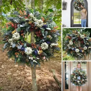 White Pumpkin Wreath, Fall Ranunculus Wreath, Autumn Front Door Decor, Farmhouse Pumpkin Wreath, Rustic Harvest Door Hanging, Fall Home Decor - Image 10