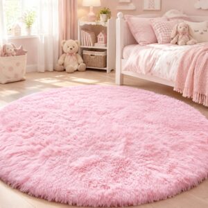 Round Fluffy Rug for Girls Bedroom, Shaggy Circle Area Rug, Soft Kids Nursery Carpet, Cozy Room Decor
