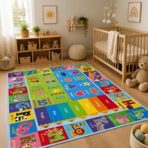 Alphabet Numbers Kids Rug, Educational Learning Carpet, ABC Play Mat, Nursery Bedroom Floor Decor