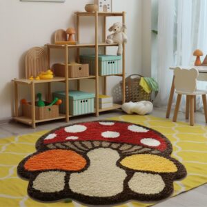 Mushroom Rug for Kids Room, Cute Forest Play Mat, Soft Flocked Nursery Carpet, Whimsical Bedroom Decor