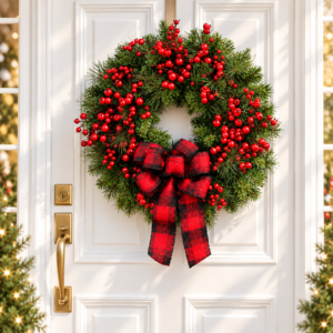 Red Berry holiday Wreath with Bow, Artificial Holiday Front Door Decoration