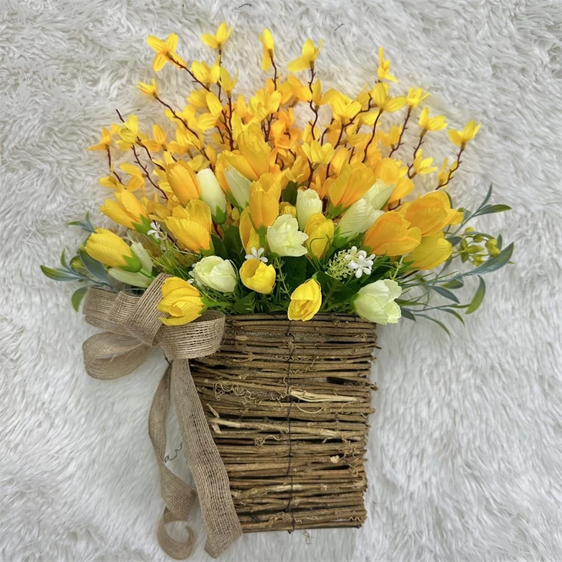 Artificial Tulip Hanging Basket, Spring Floral Door Decor, Farmhouse Flower Arrangement - Image 3