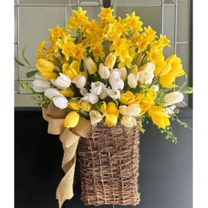 Artificial Tulip Hanging Basket, Spring Floral Door Decor, Farmhouse Flower Arrangement