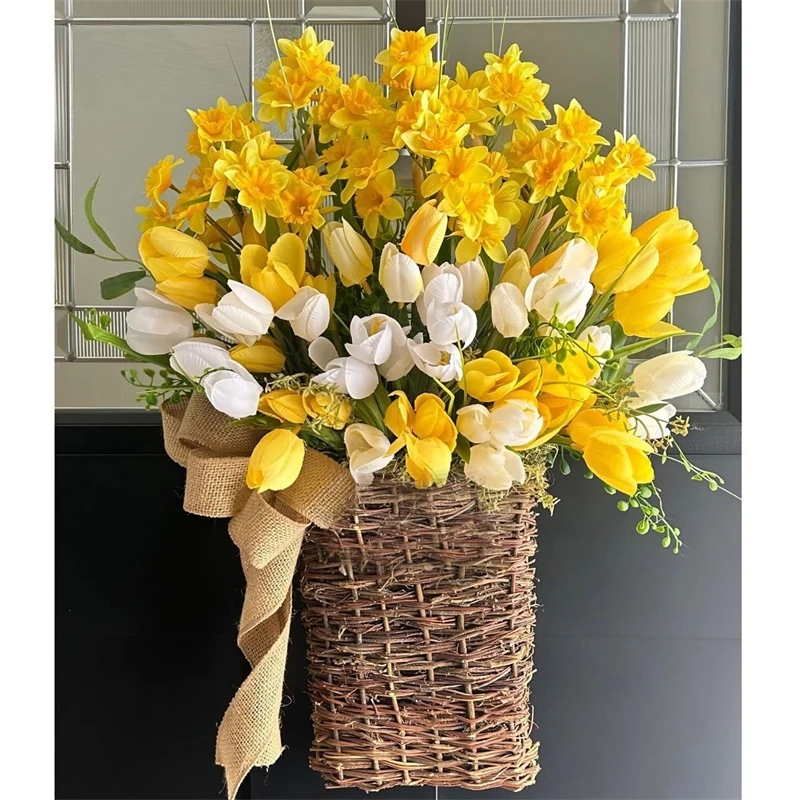 Artificial Tulip Hanging Basket, Spring Floral Door Decor, Farmhouse Flower Arrangement