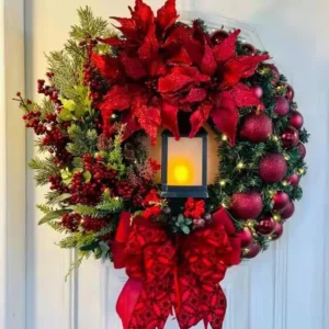Red holiday Wreath with Decorative Lamp, Berries and Festive Front Door Decor - Image 3