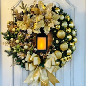 Red holiday Wreath with Decorative Lamp, Berries and Festive Front Door Decor - Image 8