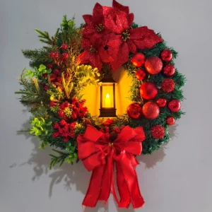 Red holiday Wreath with Decorative Lamp, Berries and Festive Front Door Decor - Image 4