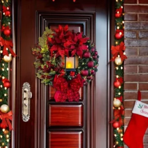 Red holiday Wreath with Decorative Lamp, Berries and Festive Front Door Decor - Image 5