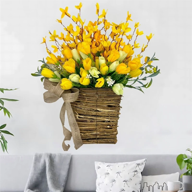 Artificial Tulip Hanging Basket, Spring Floral Door Decor, Farmhouse Flower Arrangement - Image 2