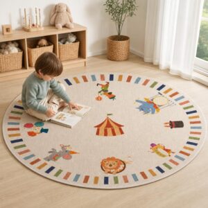 Cartoon Style Round Rug - Washable Kids Bedroom Carpet for Living Room, Anti-Slip Floor Mat - image 1